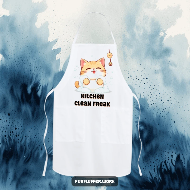 Funny playful cat covered in bath foam reaching for a toy on a functional and humorous kitchen apron.