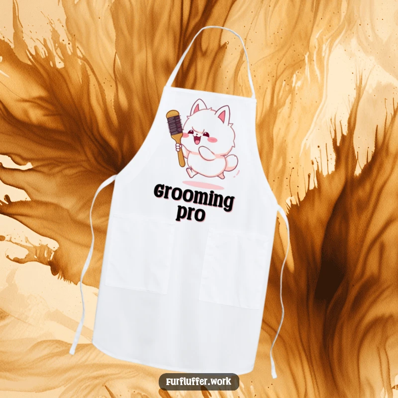 Funny apron depicting a fluffy animal gleefully chasing a bouncing grooming brush, perfect for adding humor to kitchen duties.