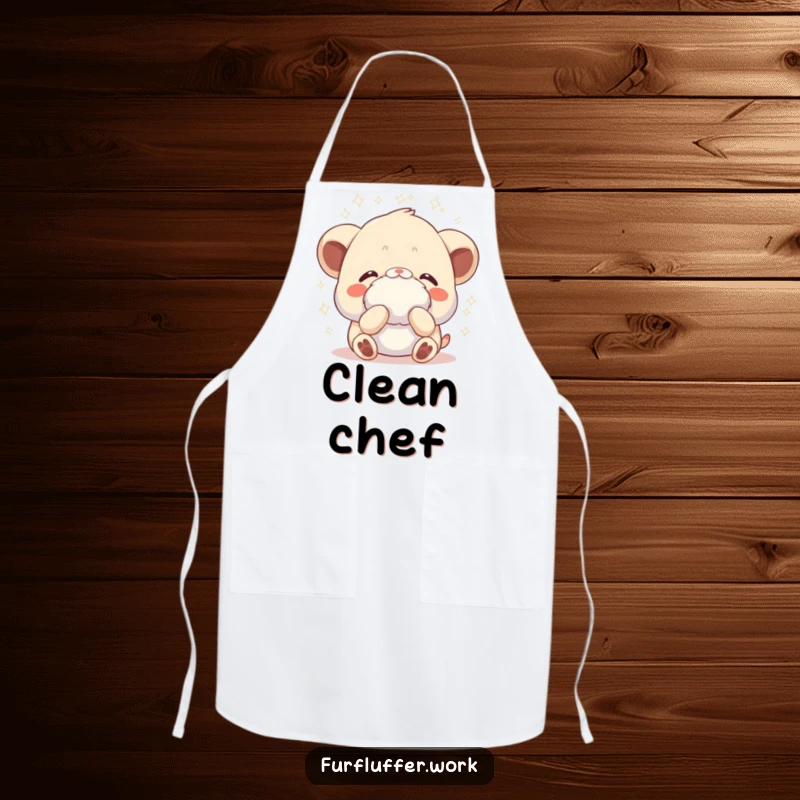 Funny apron depicting an animal receiving a gentle fluffing, with sparkles radiating, ideal for adding pampering humor to kitchen tasks.