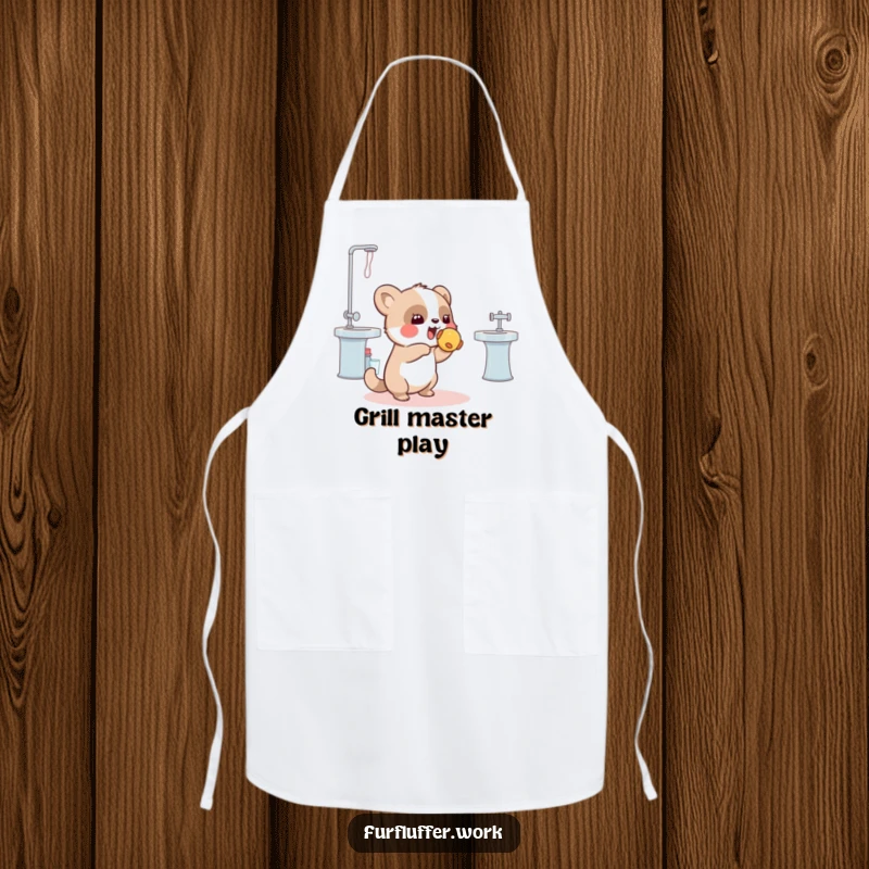 Funny apron depicting a playful animal tossing a squeaky toy towards a grooming station, ideal for adding humorous pet playtime to tasks.