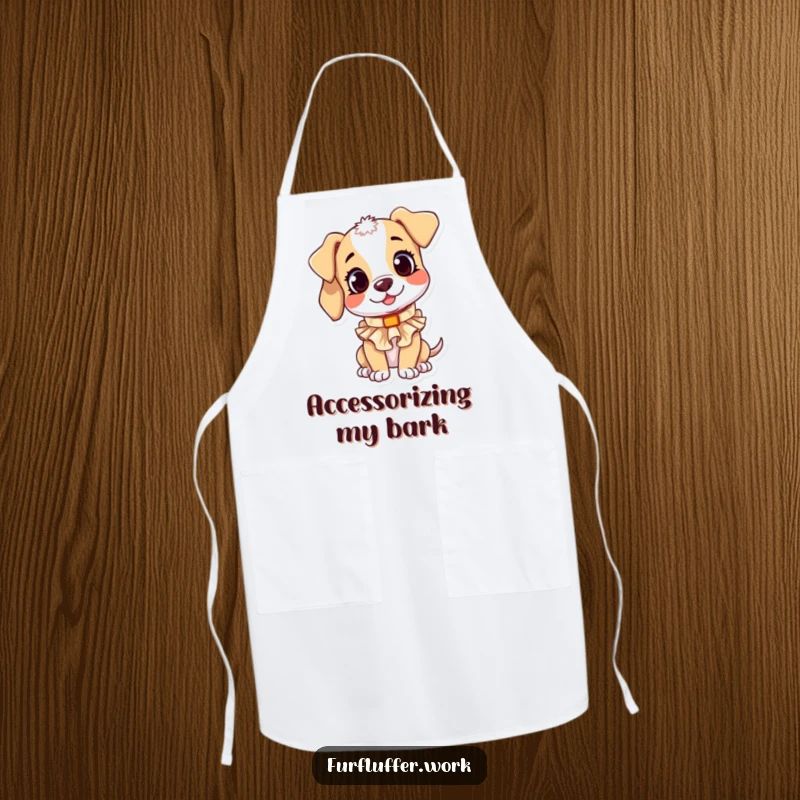 Funny apron featuring a playful puppy character curiously trying on a small, ruffled collar, perfect for kitchen adventures.