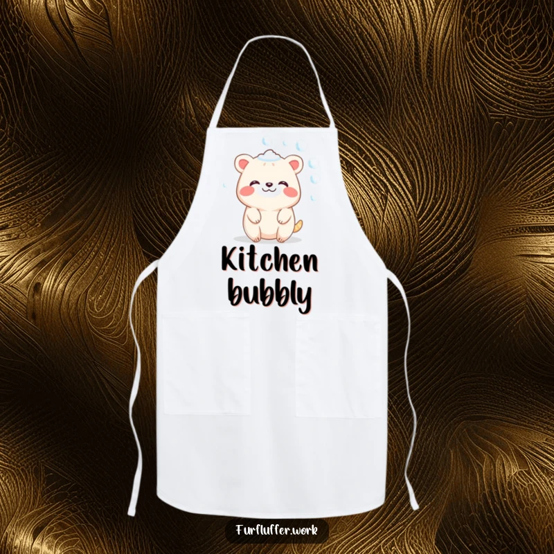 Funny apron showcasing a contented animal character sparkling with soap bubbles, ideal for adding humor to kitchen or crafting activities.