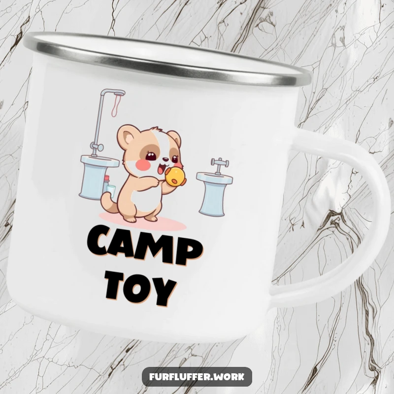 Funny camping mug showing a playful animal tossing a squeaky toy towards a grooming station, perfect for outdoor fun and pet humor.