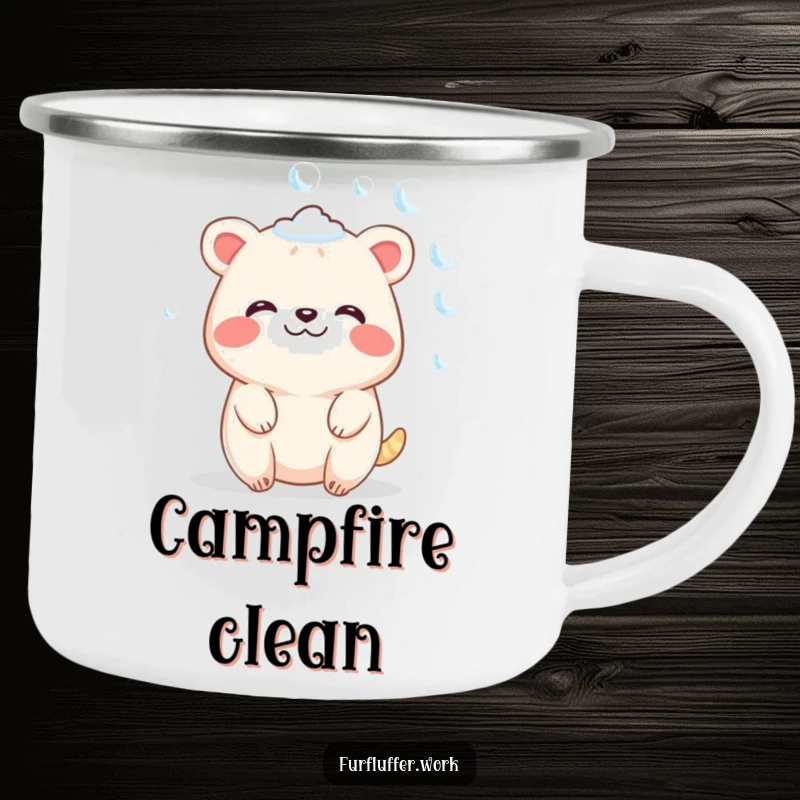 Funny camping mug showing a contented animal character sparkling with soap bubbles, perfect for outdoor relaxation and spa humor.