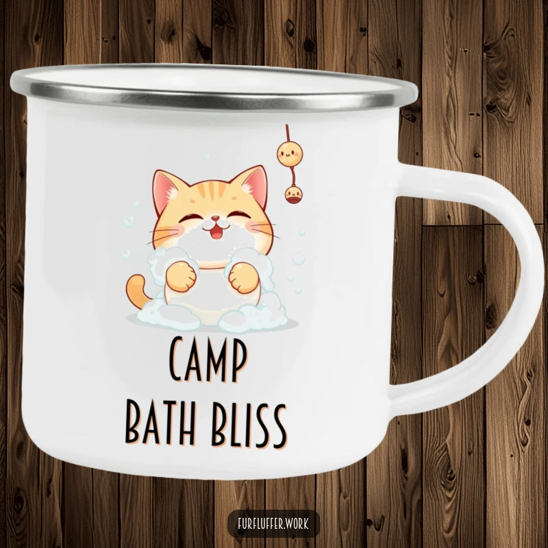Funny determined cat covered in bath foam reaching for a toy, featured on a durable and humorous camping mug.