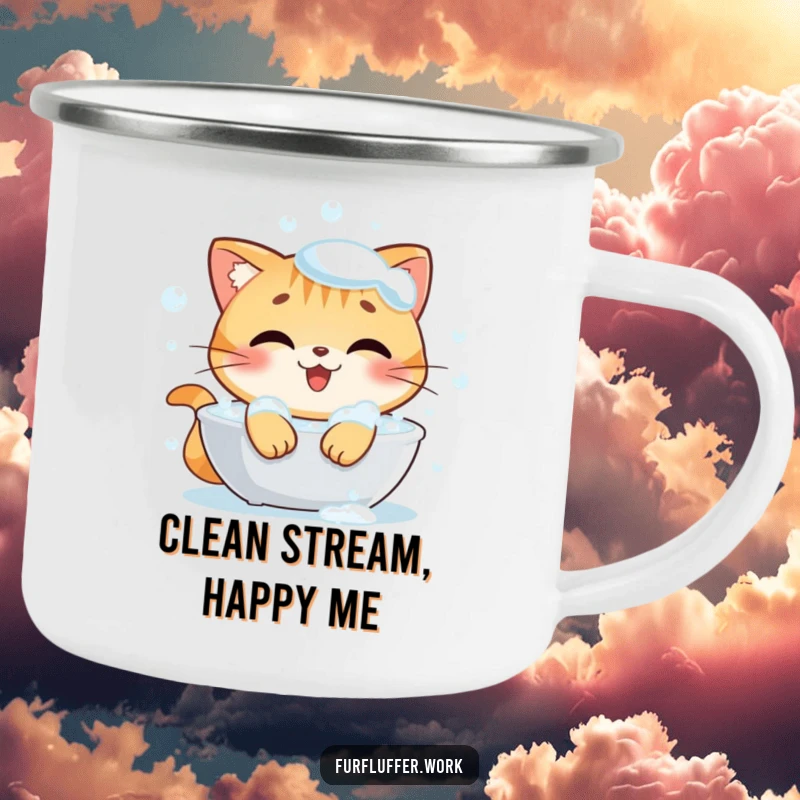 Funny camping mug showing a happy cat character luxuriating in a bubbly bath, looking utterly content and squeaky clean outdoors.