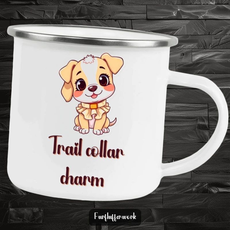 Funny camping mug showing a playful puppy character curiously trying on a small, ruffled collar, perfect for outdoor enjoyment.