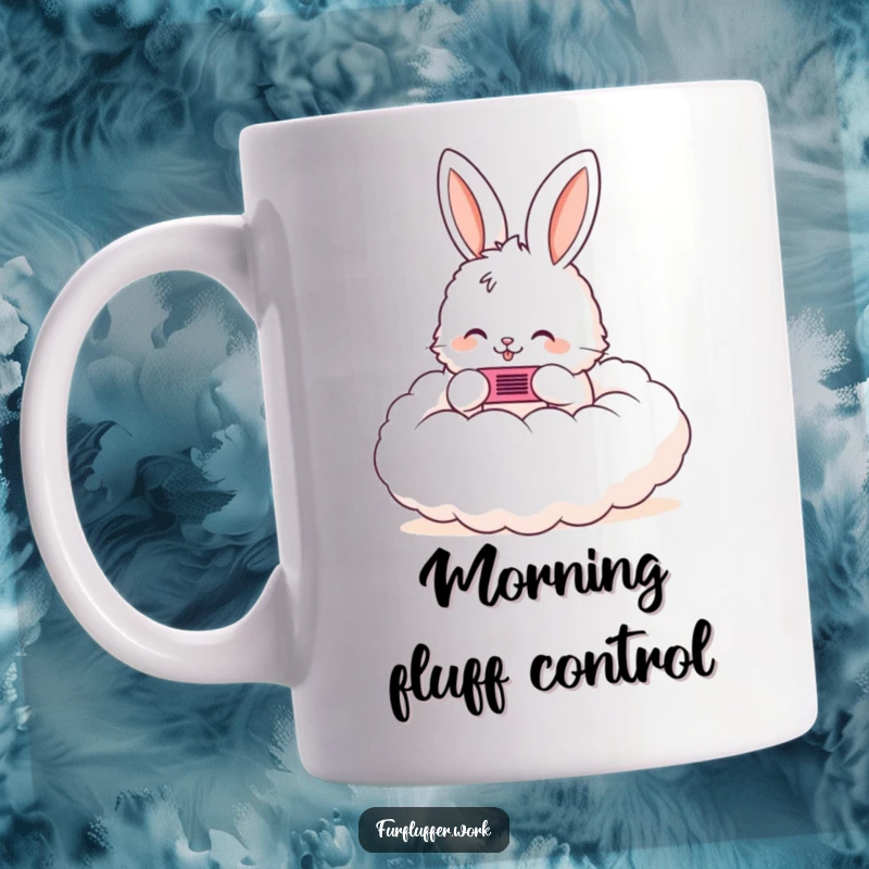 Funny mug shows a fluffy bunny happily using a tiny comb on a very fluffy cloud, embodying gentle care and whimsical fantasy.