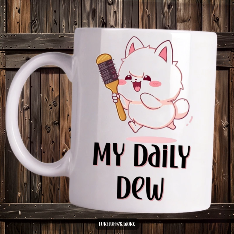 Funny mug featuring a fluffy animal gleefully chasing a bouncing grooming brush, full of playful energy and comedic joy.