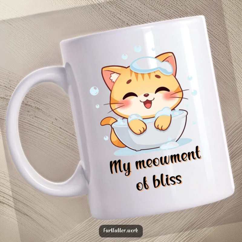 Funny mug featuring a happy cat character blissfully enjoying a bubbly bath, radiating contentment and sparkling cleanliness.
