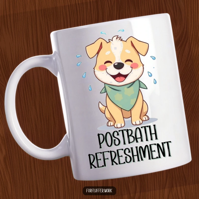 Funny mug shows a cheerful dog wearing a bandana, playfully shaking water off its fur with a big smile, bringing wet-dog joy.