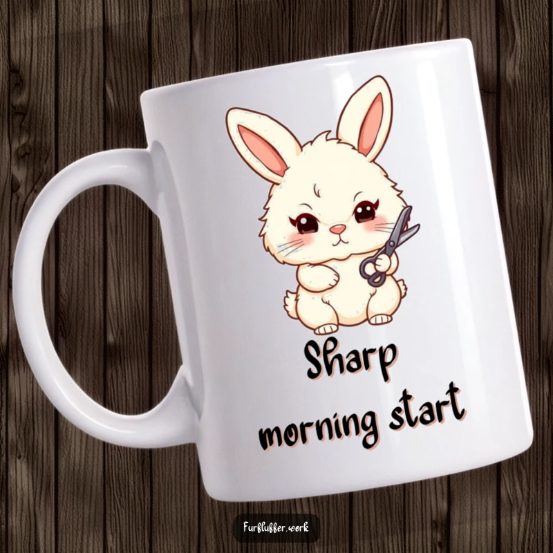 Funny mug showing a stylized, fluffy bunny with a serious expression, holding small grooming scissors, ready to snip with determination.