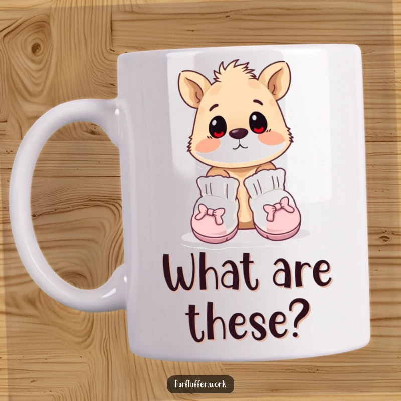 Funny mug showing an animal wearing tiny, oversized grooming booties, looking surprised and slightly bewildered by footwear.