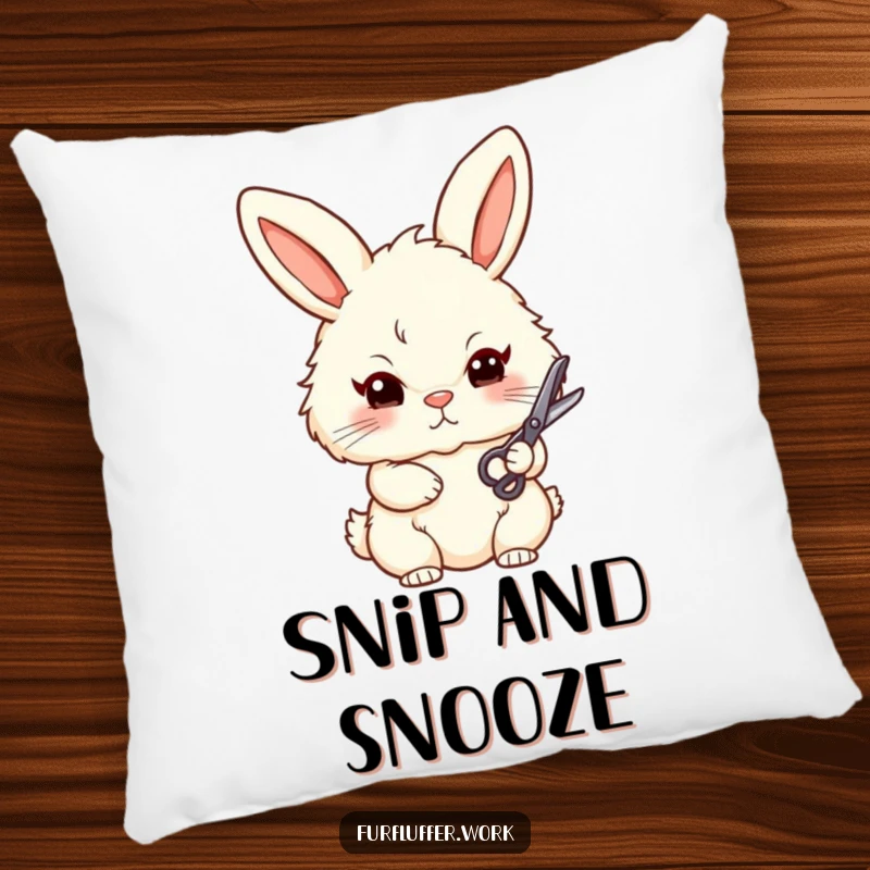 Funny pillow illustration of a determined, stylized, fluffy bunny holding small grooming scissors, embodying focus and a touch of whimsy.