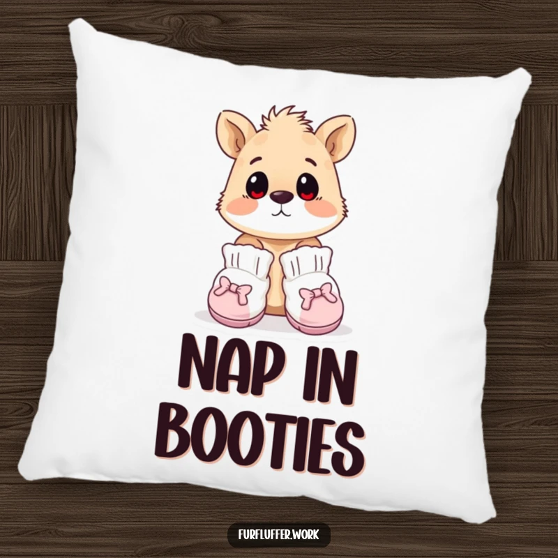Funny pillow showing an animal wearing tiny, oversized grooming booties, looking surprised, perfect for cozying up with humorous fashion.