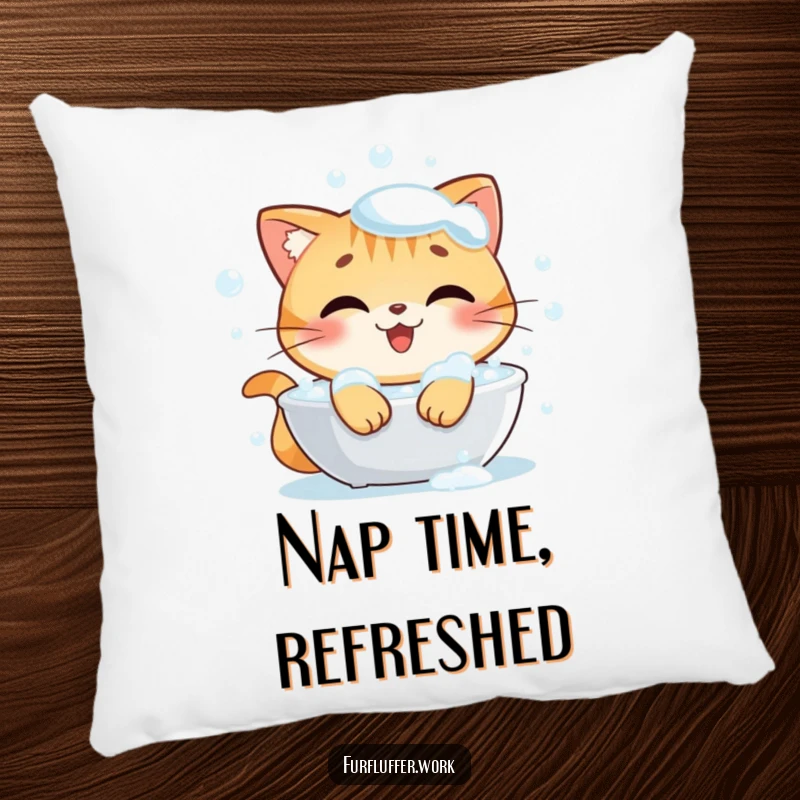 Funny pillow depicting a happy cat character thoroughly enjoying a bubbly bath, looking exceptionally content and squeaky clean.