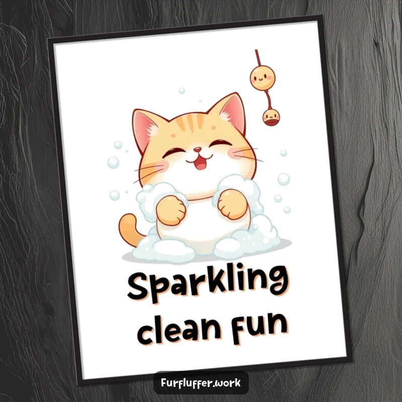 Funny determined cat covered in bath foam reaching for a toy, as downloadable playful digital art.