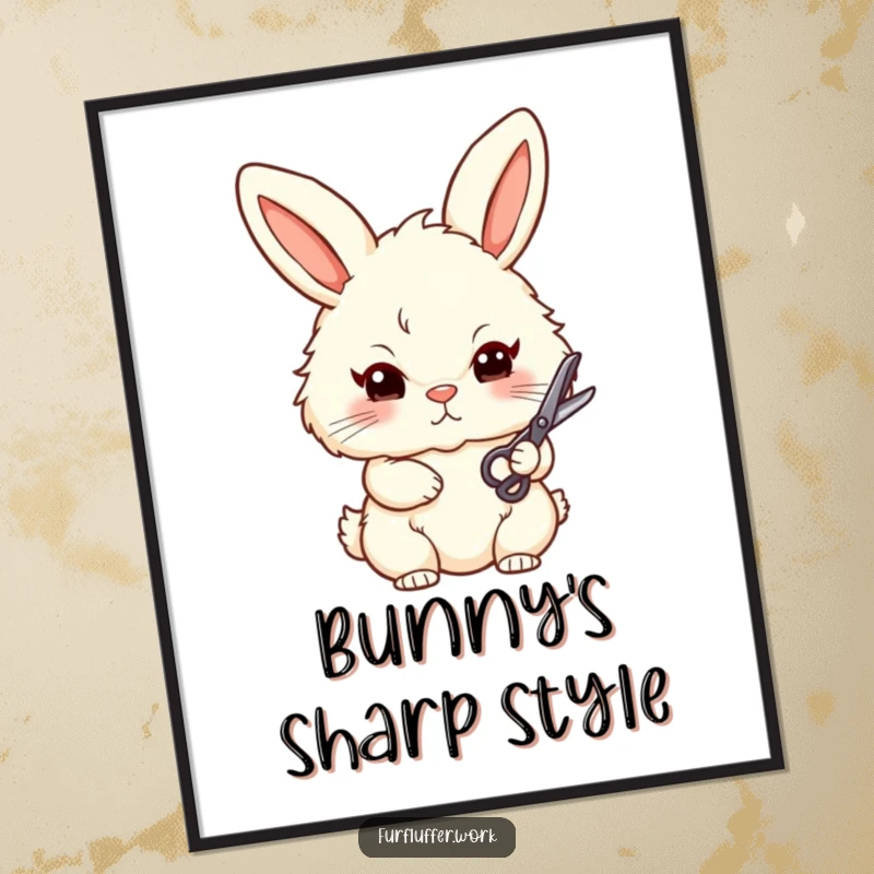 Funny digital art print of a stylized, fluffy bunny with a determined expression, holding small grooming scissors, ready for a stylish trim.