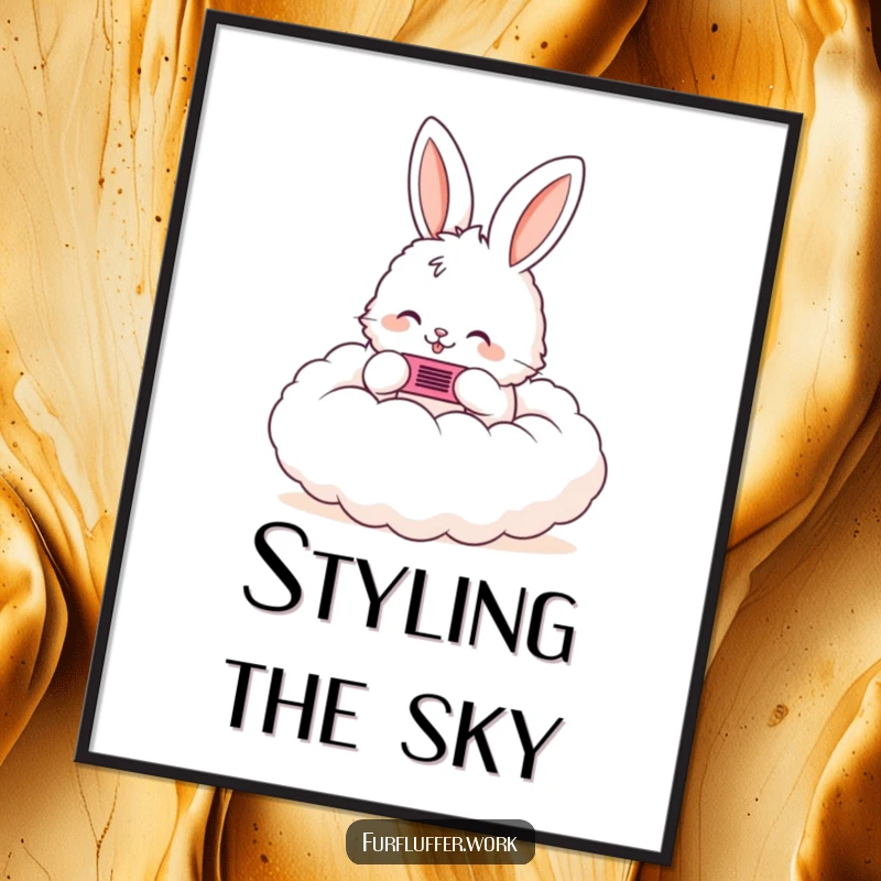 Funny digital art print of a fluffy bunny happily combing a cloud, a downloadable piece of whimsical and enchanting art.