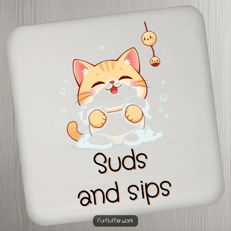Funny round cat determinedly reaching for a toy, covered in foam, on a set of protective and humorous coasters.