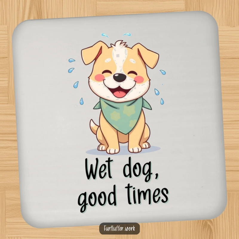 Funny drink coaster featuring a cheerful dog with a bandana, playfully shaking water off its fur, adding whimsical protection.