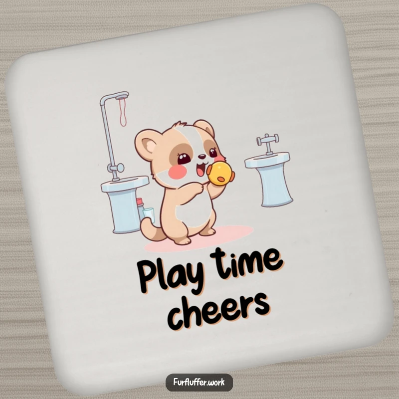 Funny drink coaster with a playful animal tossing a squeaky toy towards a grooming station, offering humorous pet playtime protection.