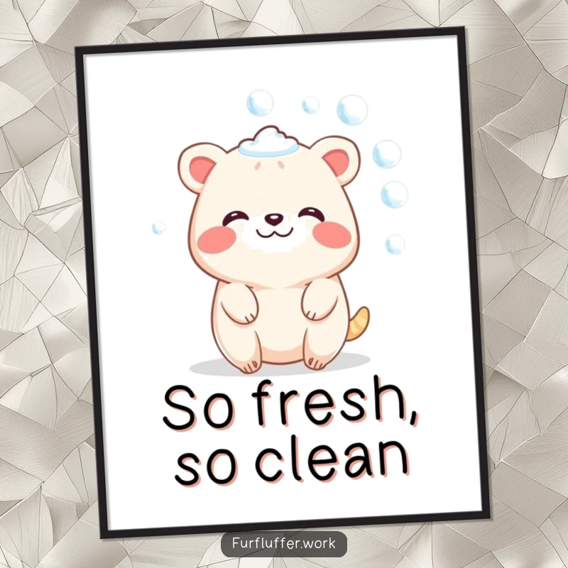 Funny poster of a contented animal character sparkling with soap bubbles, offering wall decor that blends humor with serene spa vibes.