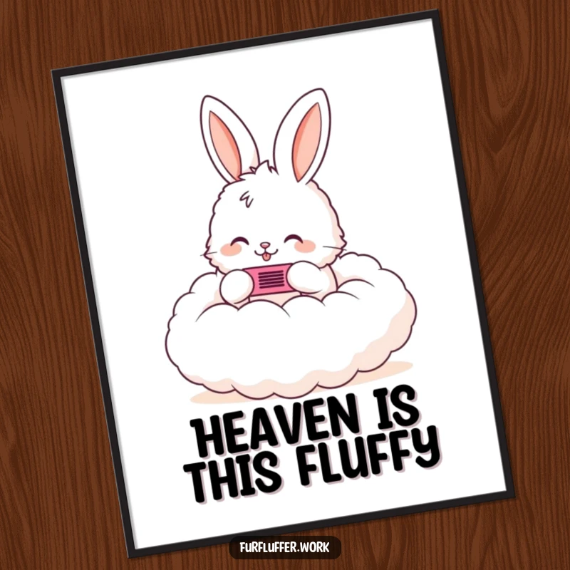 Funny poster featuring a fluffy bunny happily using a tiny comb on a cloud, creating a serene and whimsical visual.