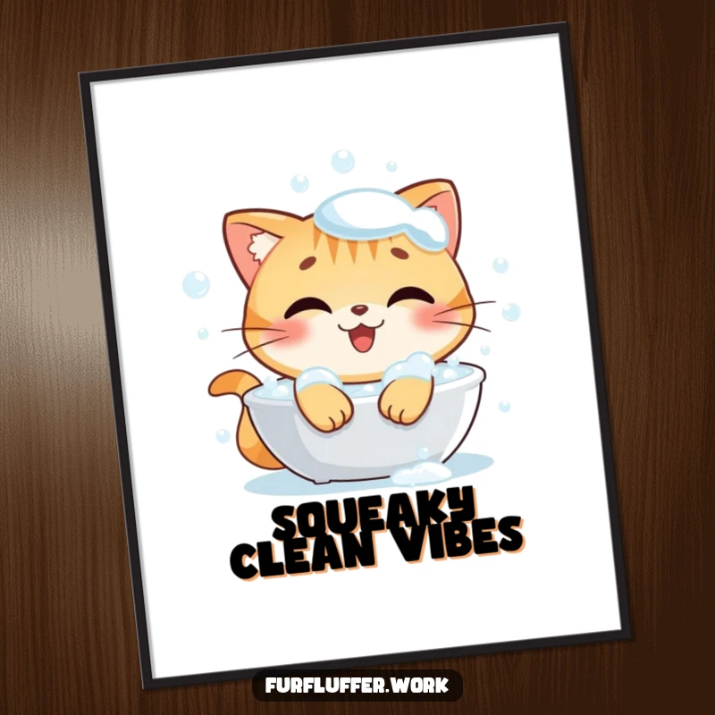 Funny poster illustrating a happy cat character joyfully soaking in a bubbly bath, appearing extremely content and clean.