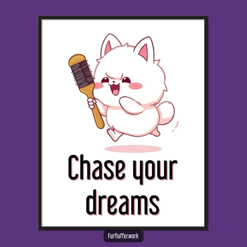 Funny Fluffy Animal Chasing Brush Poster - Vibrant Pet Art Decor