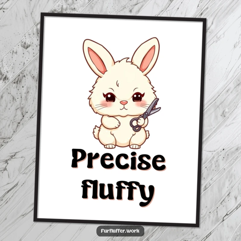 Funny poster featuring a stylized, fluffy bunny with a determined expression, holding small grooming scissors, ready for a precise trim. Chic art.