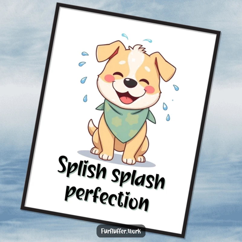 Funny poster illustrating a cheerful dog with a bandana, joyfully shaking water off its fur, bringing a touch of playful humor.
