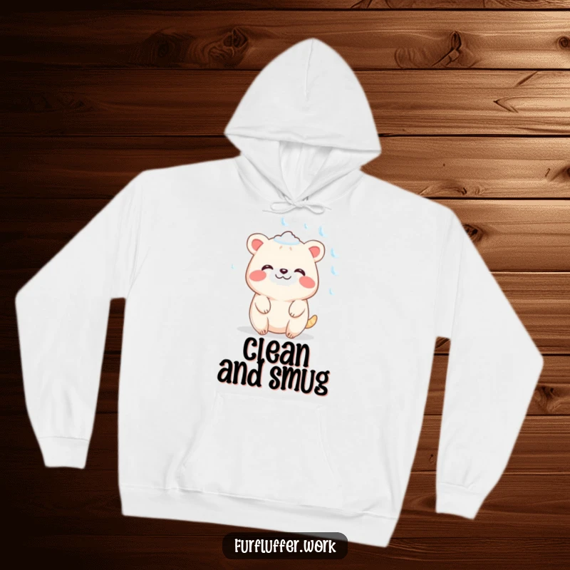 Funny hoodie depicting a contented animal character sparkling with soap bubbles, embodying cozy relaxation and humorous contentment.