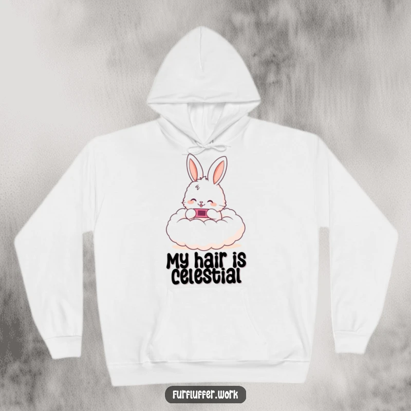 Funny hoodie featuring a fluffy bunny happily using a tiny comb on a cloud, offering warmth and a touch of whimsical fantasy.