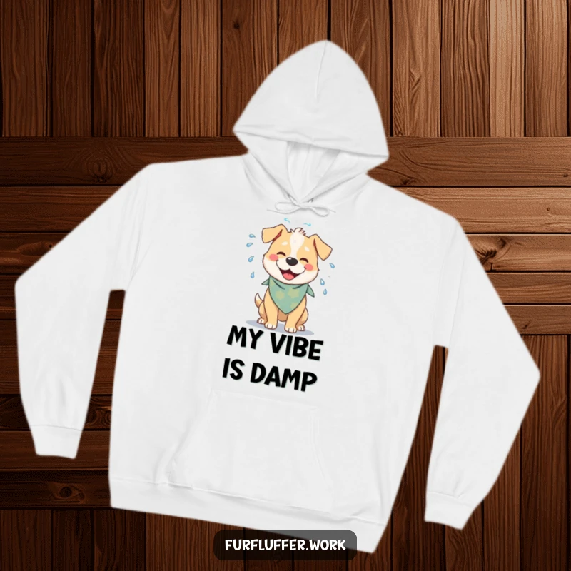 Funny hoodie featuring a cheerful dog in a bandana, playfully shaking water off its fur, offering cozy comfort and humor.