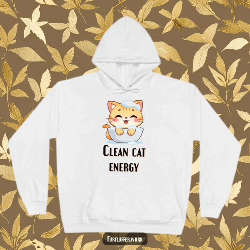 Funny hoodie showing a happy cat character luxuriating in a warm, bubbly bath, looking utterly content and squeaky clean.