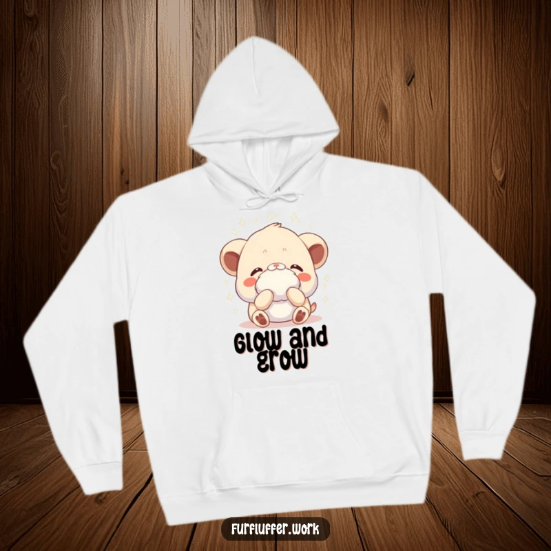 Funny hoodie showing an animal receiving a gentle fluffing, with sparkles radiating, embodying cozy comfort and pampered bliss.