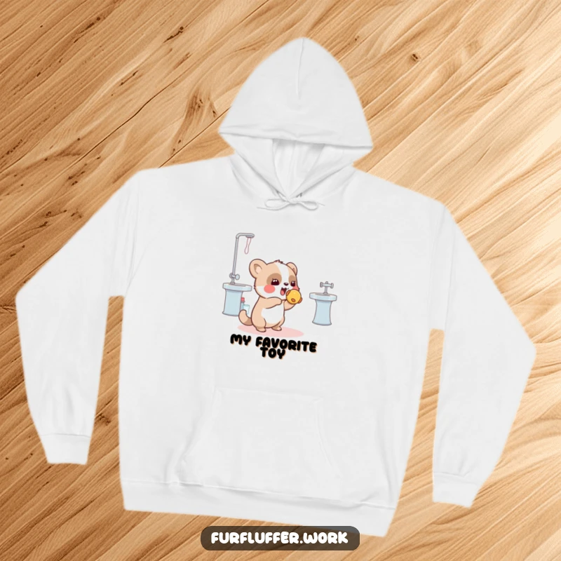 Funny hoodie depicting a playful animal tossing a squeaky toy towards a grooming station, embodying cozy humor and pet antics.