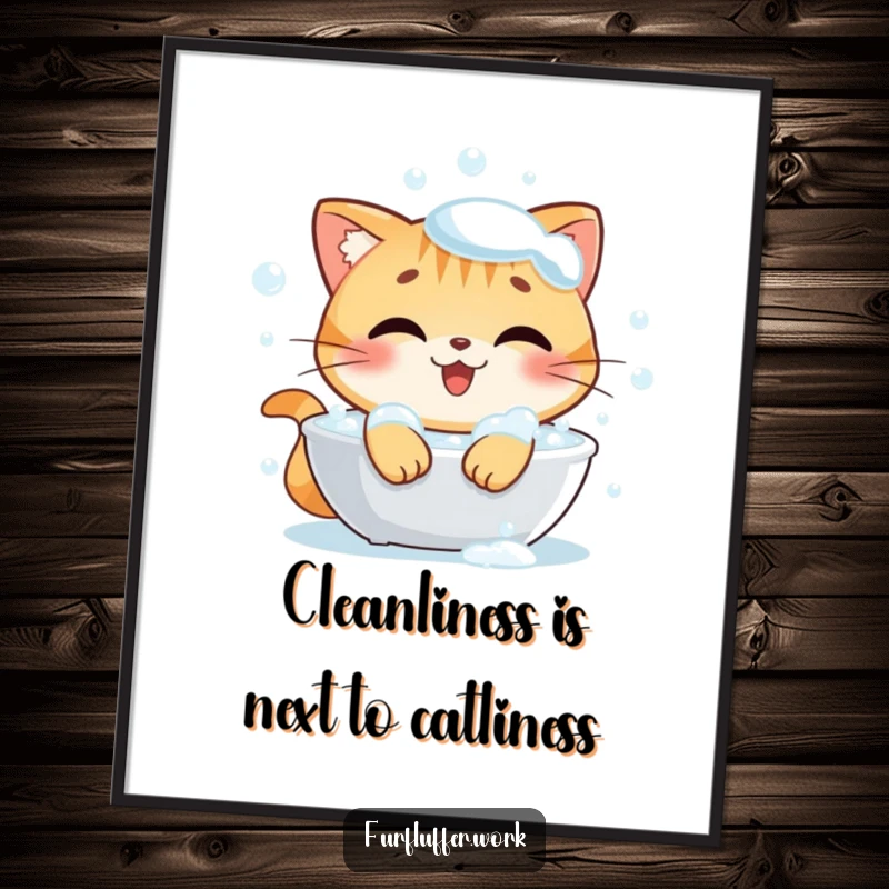 Funny Free Printable Wall Art: A content cat enjoys a luxurious, bubbly bath, radiating peace and cleanliness.