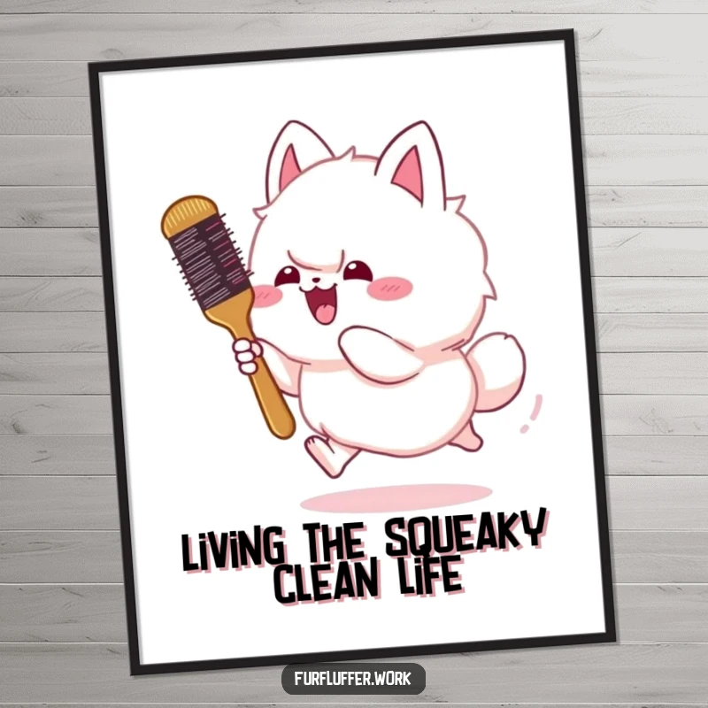 Funny Free Printable Wall Art: A fluffy animal gleefully chasing a bouncing grooming brush, creating a humorous scene.