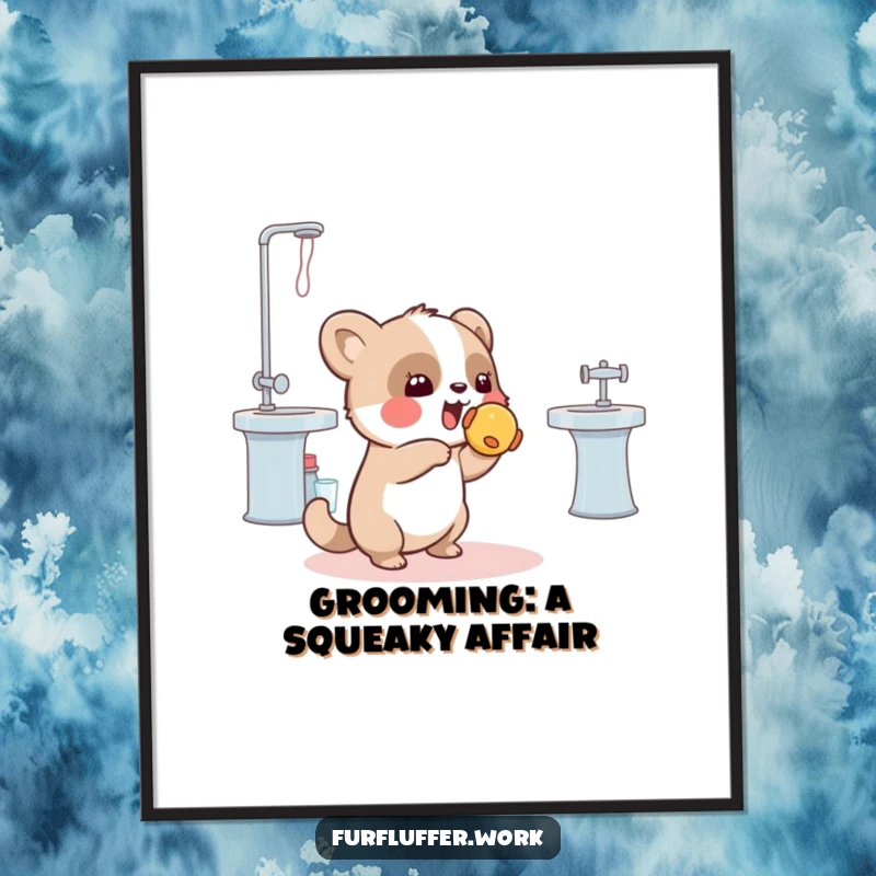 Funny Free Printable Wall Art: A playful animal joyfully tossing a squeaky toy towards a grooming station.