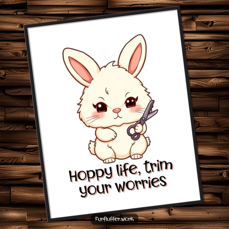 Funny Free Printable Wall Art of a stylized, fluffy bunny with a determined gaze, holding small grooming scissors, adding a touch of chic humor.