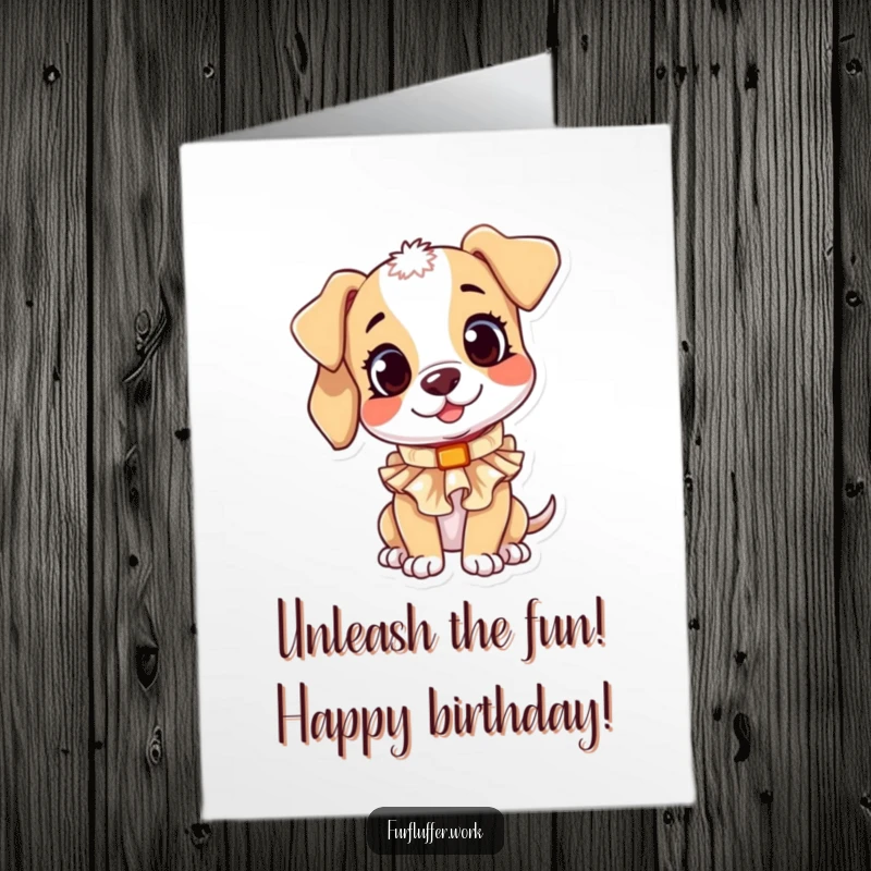 Funny Free Printable Birthday Card: A playful puppy tilts its head curiously while trying on a small ruffled collar.