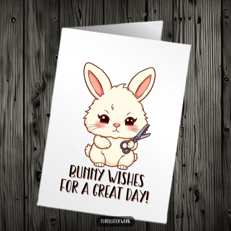 Funny Free Printable Birthday Card featuring a stylized, fluffy bunny looking determined while holding small grooming scissors, ready for a birthday trim.