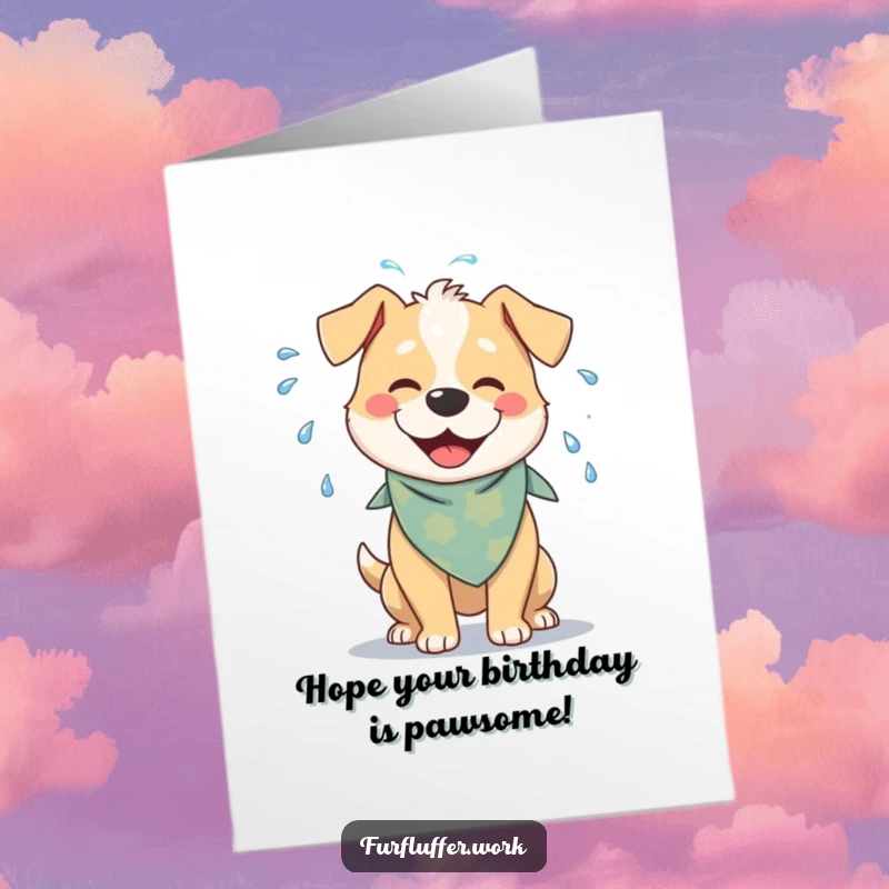 Funny Free Printable Birthday Card: A cheerful dog wearing a bandana playfully shakes water off its fur, spraying joy and smiles. Downloadable gift.