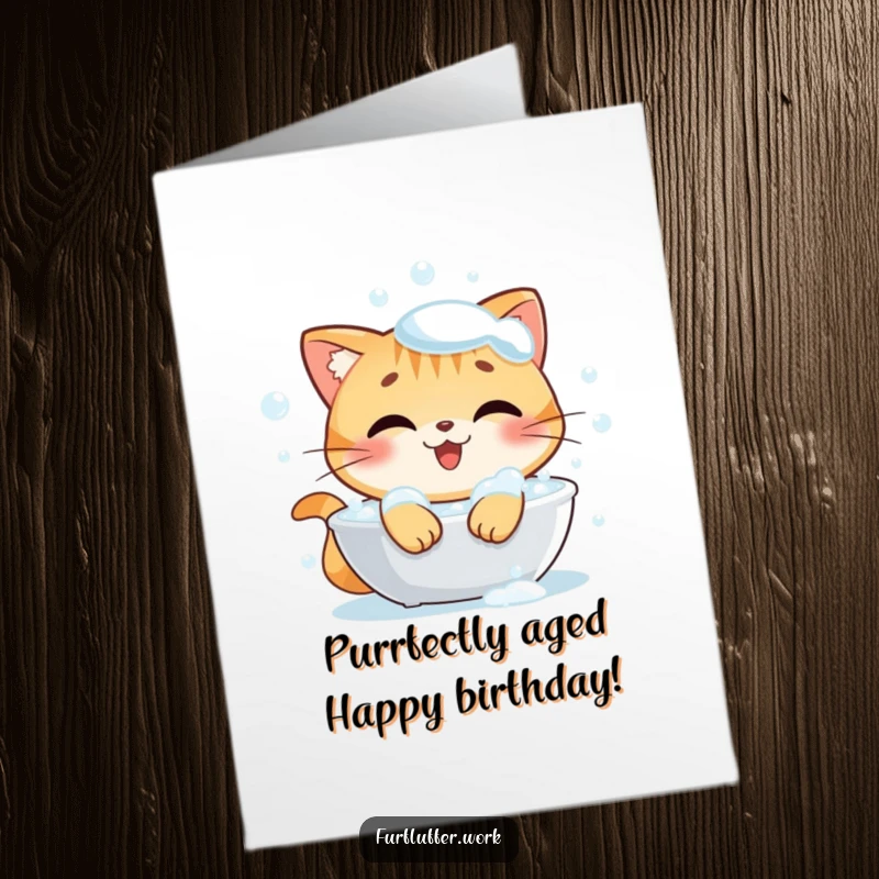 Funny Free Printable Birthday Card: A content cat enjoys a bubbly bath, looking clean and ready to celebrate.