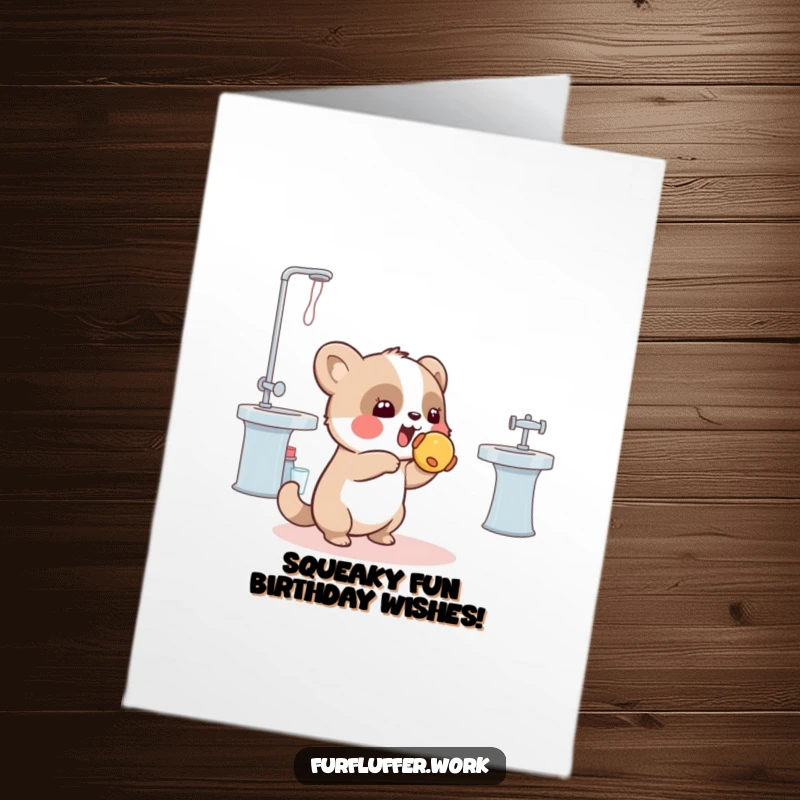 Funny Free Printable Birthday Card: A playful animal tossing a squeaky toy towards a grooming station with excitement.