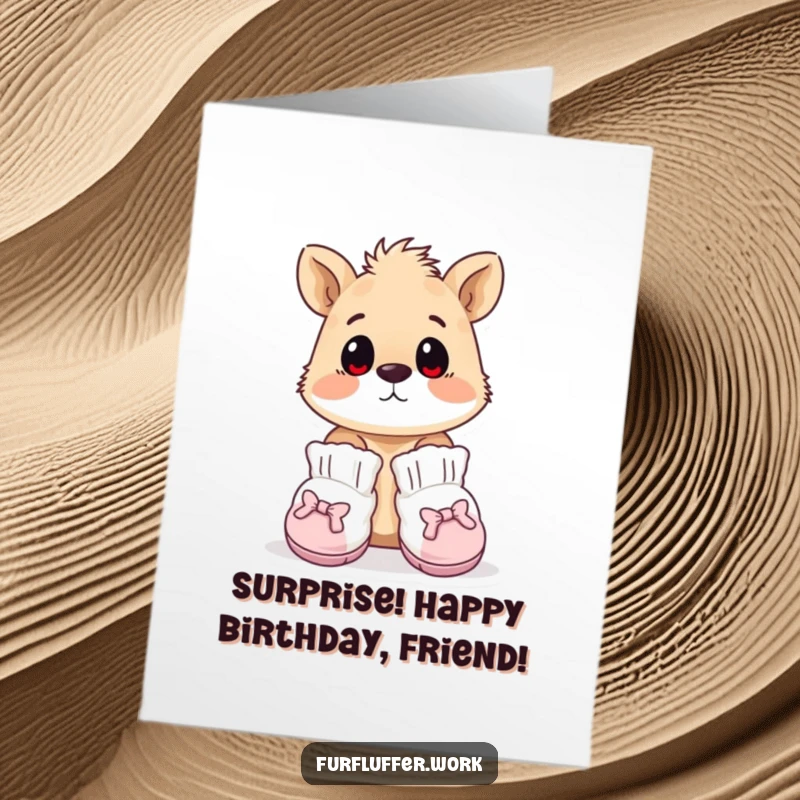 Funny Free Printable Birthday Card: An animal in tiny, oversized grooming booties, looking utterly surprised.