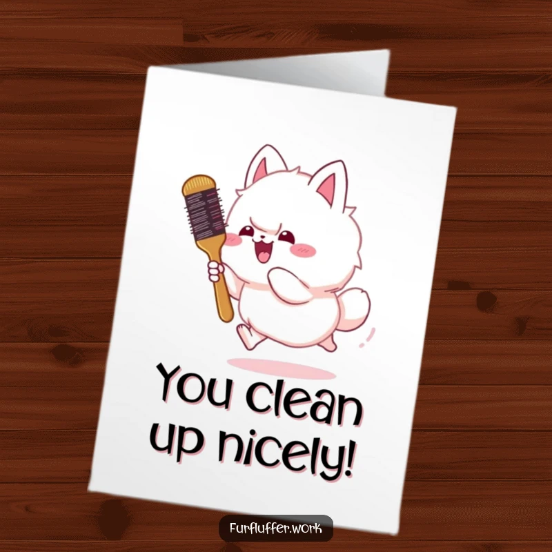 Funny Free Printable Congratulations Card: Silly animal gleefully chasing a runaway grooming brush, perfect for celebrating wins.