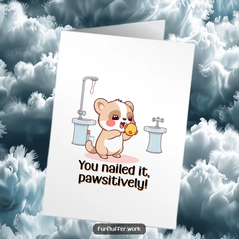 Funny Free Printable Congratulations Card: A spirited animal tossing a squeaky toy, celebrating a win with playfulness.